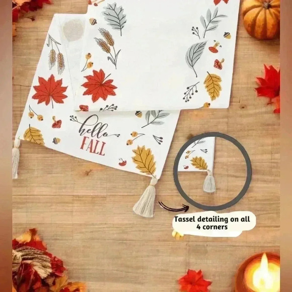 Table Runner 72”L Tassels Fall Decor 100% Cotton Colorful Leaves Beautiful NEW - Picture 2 of 13